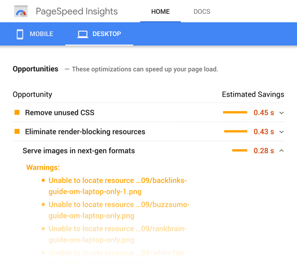 Page Speed Insights Opportunities